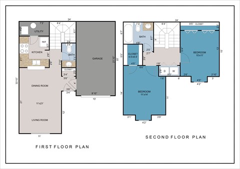 Floor plan for 2 beds, 1.5 baths, 1095 sqft